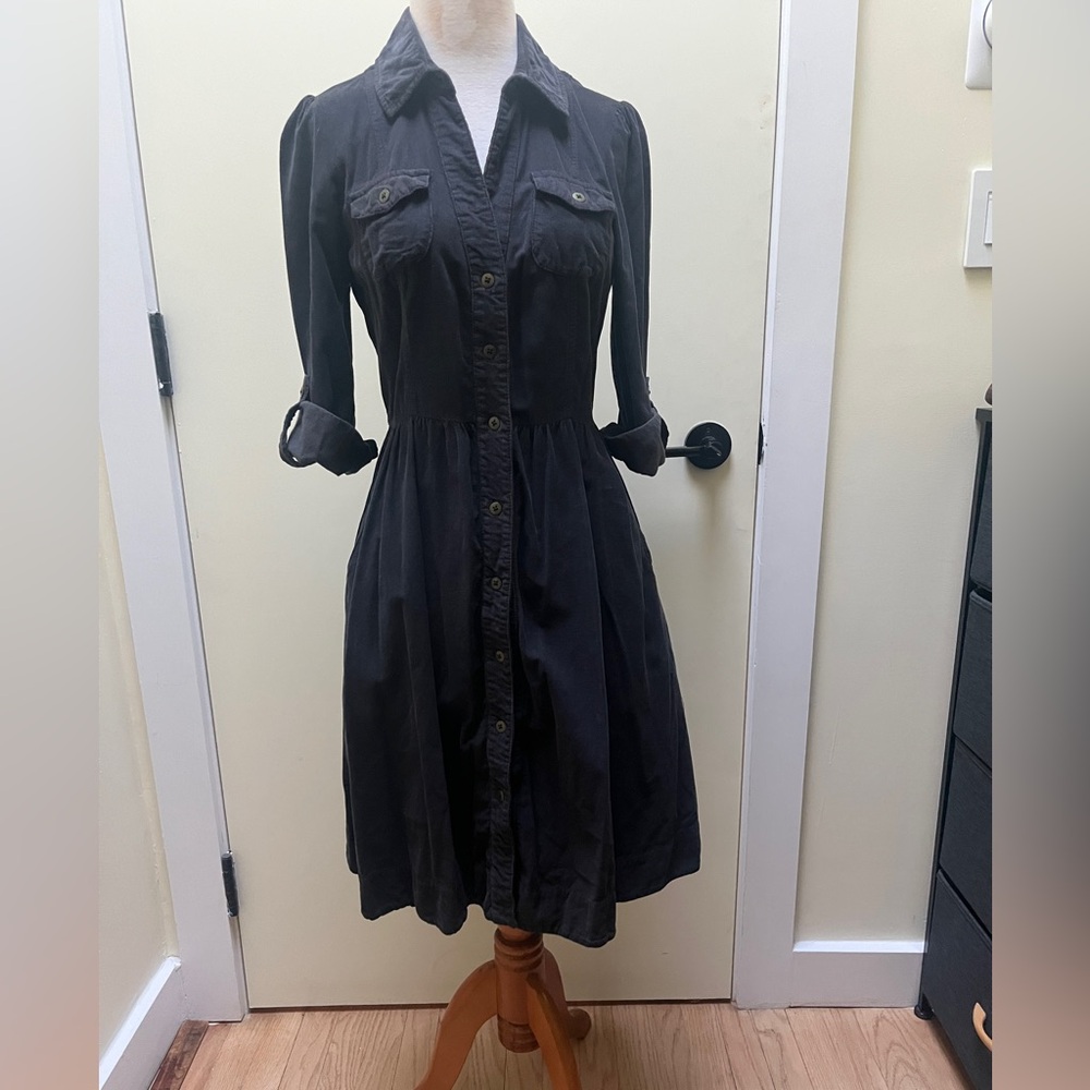 Fei Charcoal Button-Front Corduroy Midi Shirt Dress